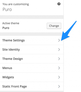 Puro Theme Settings located at Appearance > Customize > Theme Settings