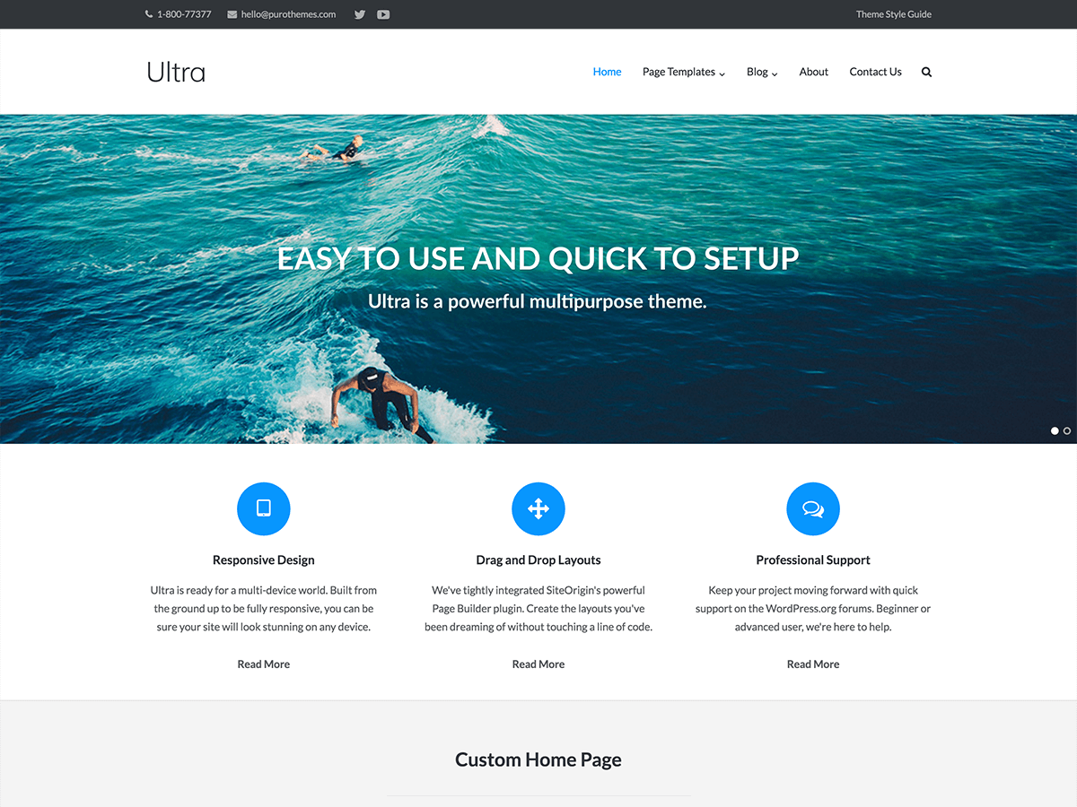 Ultra home page with a full width Meta Slider and SiteOrigin Features widgets below the slider.